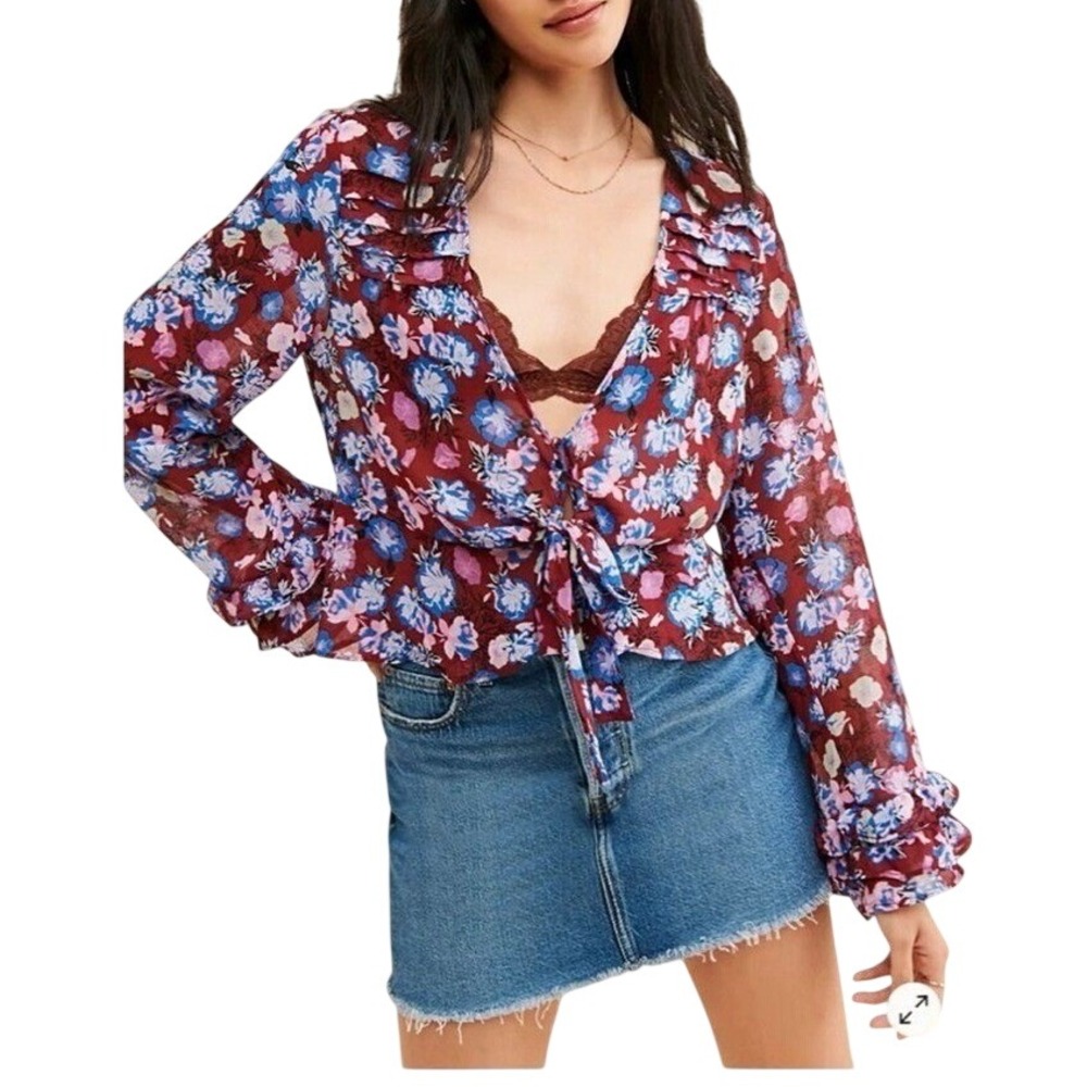 Free People Sheer Blouse NEW Women LG Floral Cropped Boho Tie Front Festival